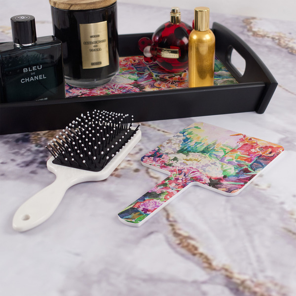 Watercolor Floral Hand Mirror - With Hair Brush