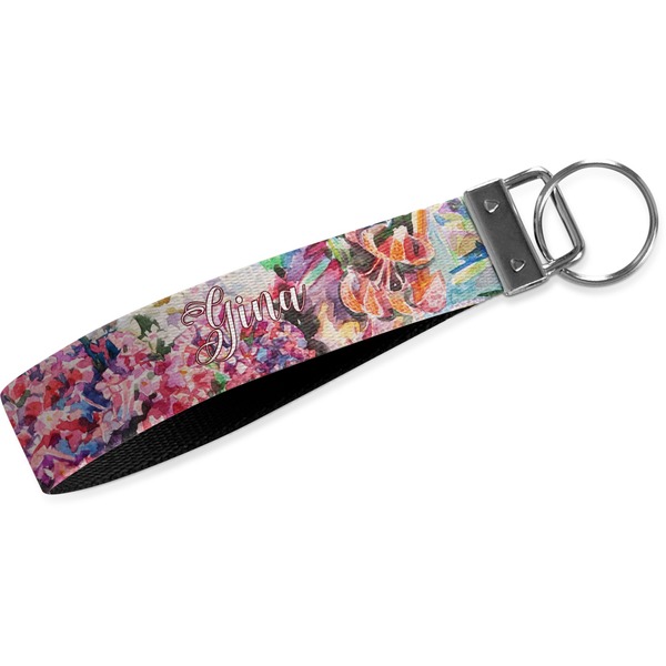 Custom Watercolor Floral Wristlet Webbing Keychain Fob