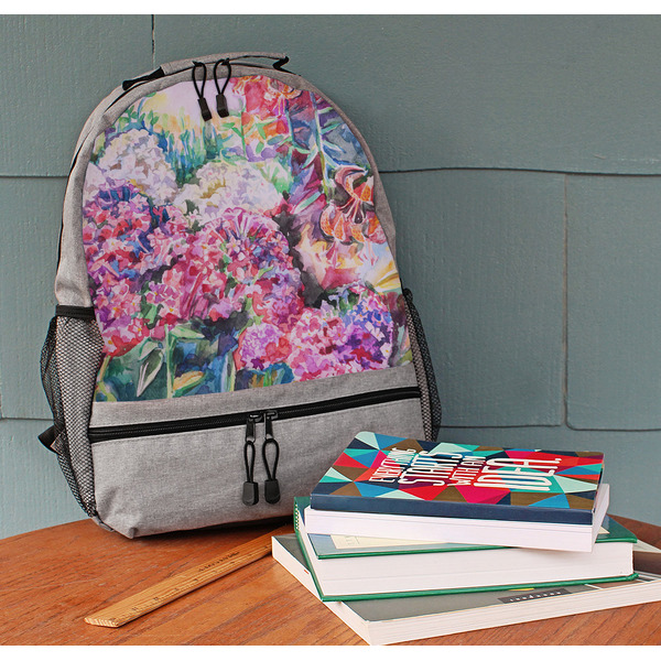 Watercolor Floral Large Backpack - Gray - On Desk