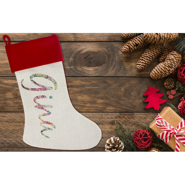 Watercolor Floral Linen Stocking w/Red Cuff - Flat Lay (LIFESTYLE)