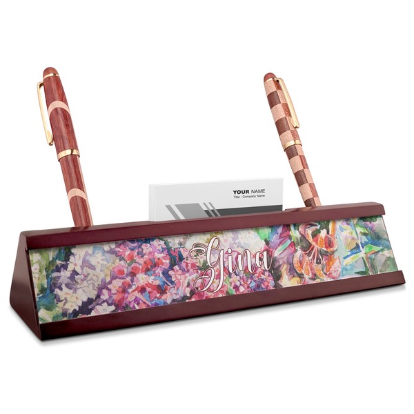 Custom Watercolor Floral Red Mahogany Nameplate with Business Card Holder