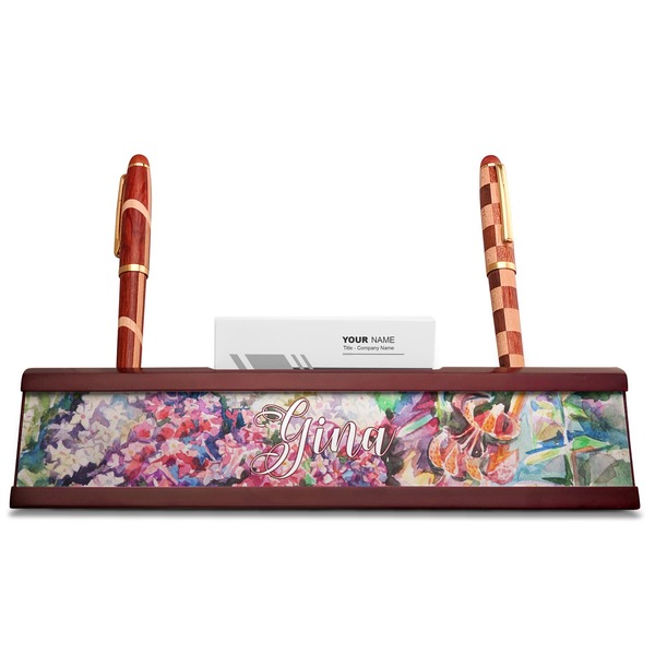 Watercolor Floral Red Mahogany Nameplates with Business Card Holder - Straight