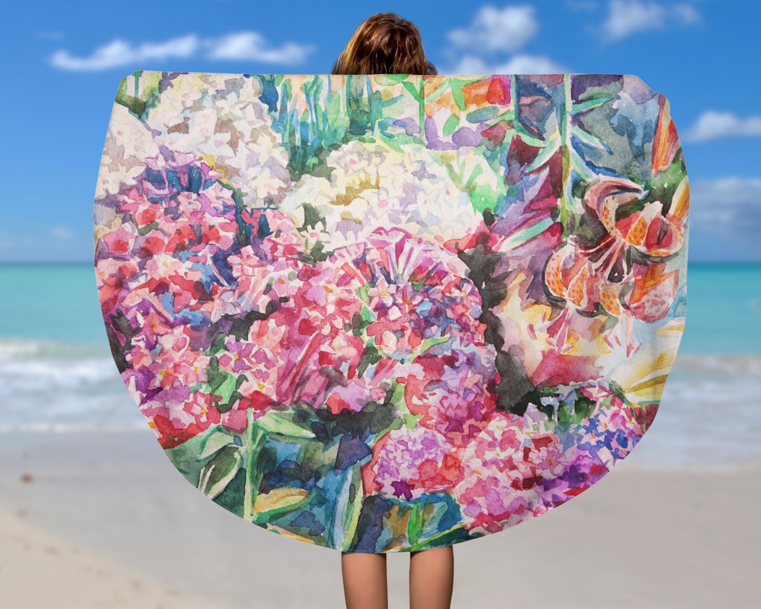 Custom Watercolor Floral Round Beach Towel YouCustomizeIt