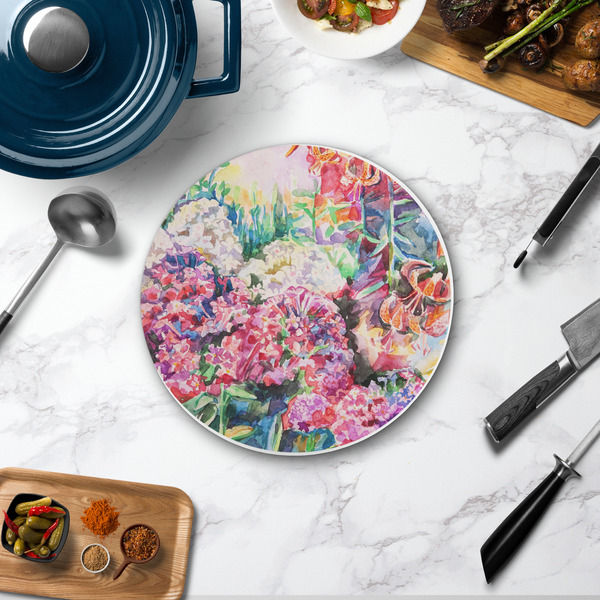Watercolor Floral Round Stone Trivet - In Context View