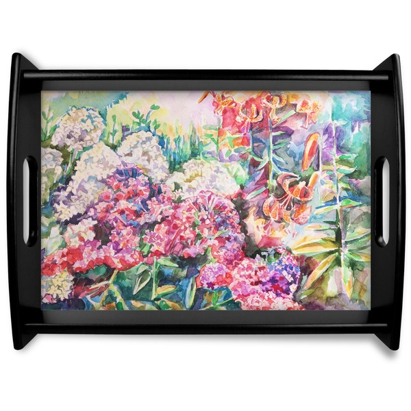 Custom Watercolor Floral Black Wooden Tray - Large