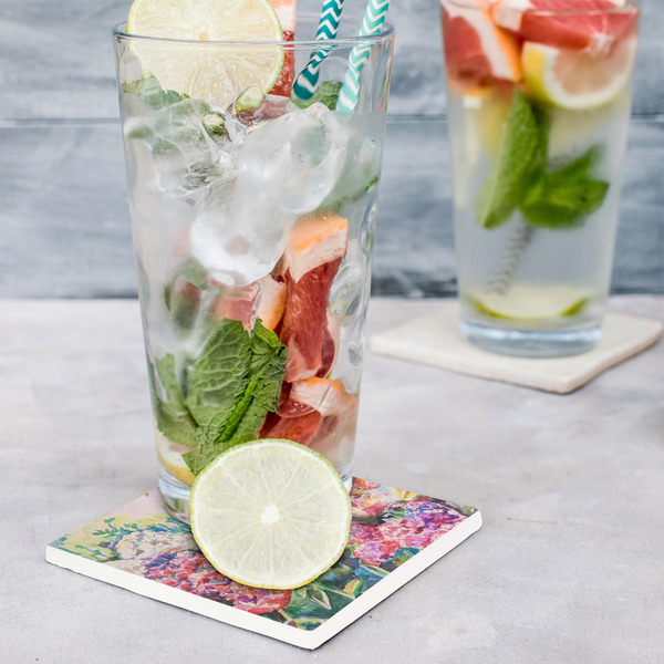 Watercolor Floral Set of 4 Stone Coasters - In Context View