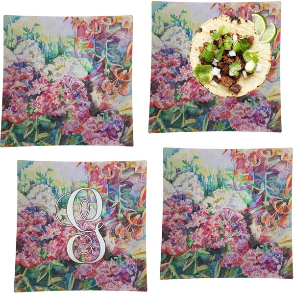 Custom Watercolor Floral Set of 4 Glass Square Lunch / Dinner Plate 9.5"