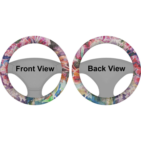 Watercolor Floral Steering Wheel Cover- Front and Back
