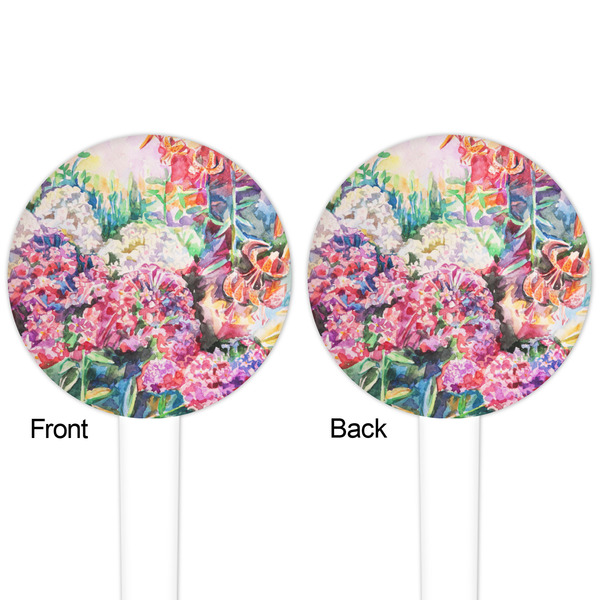 Watercolor Floral White Plastic 4" Food Pick - Round - Double Sided - Front & Back