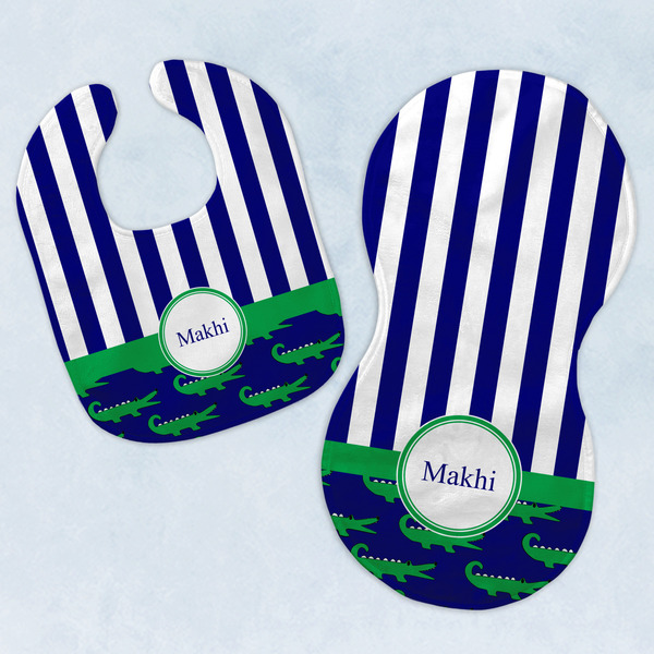 Custom Alligators & Stripes Baby Bib & Burp Set w/ Name or Text