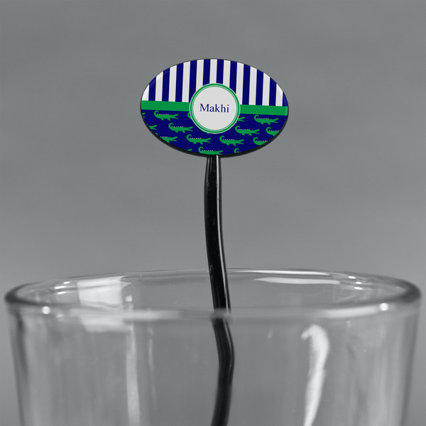 Alligators & Stripes Black Plastic 7" Stir Stick - Oval - Main