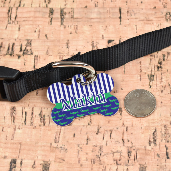 Alligators & Stripes Bone Shaped Dog ID Tag - Large - In Context