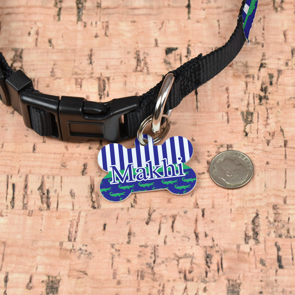 Alligators & Stripes Bone Shaped Dog ID Tag - Small - In Context