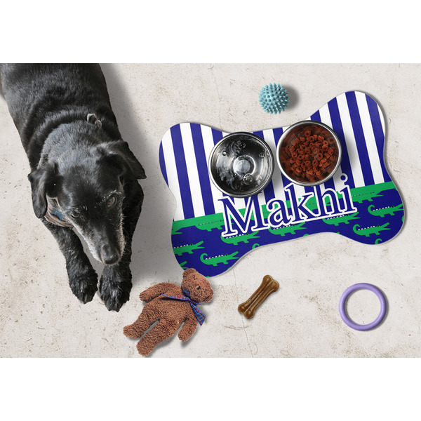 Alligators & Stripes Bone Shaped Mat w/ Food & Water