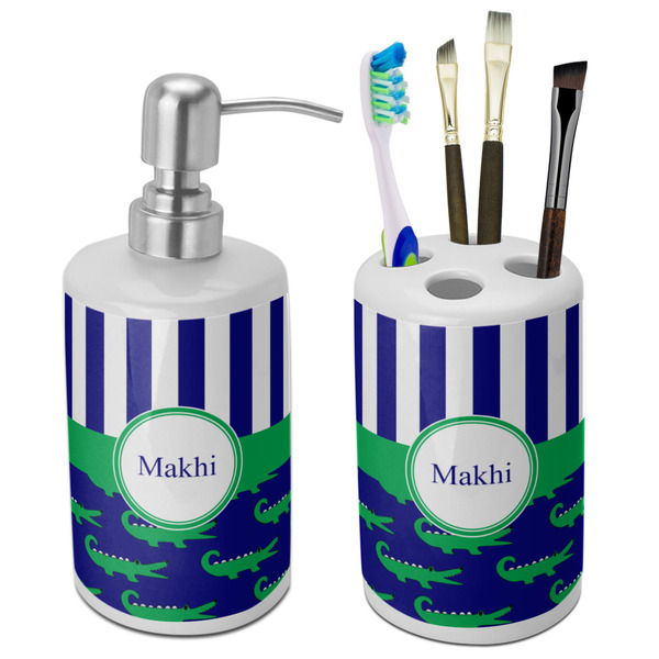 Custom Alligators & Stripes Ceramic Bathroom Accessories Set (Personalized)
