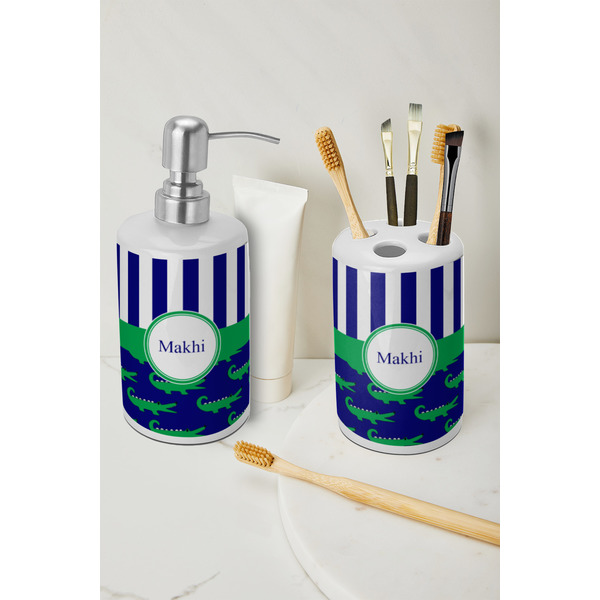 Alligators & Stripes Ceramic Bathroom Accessories - LIFESTYLE (toothbrush holder & soap dispenser)