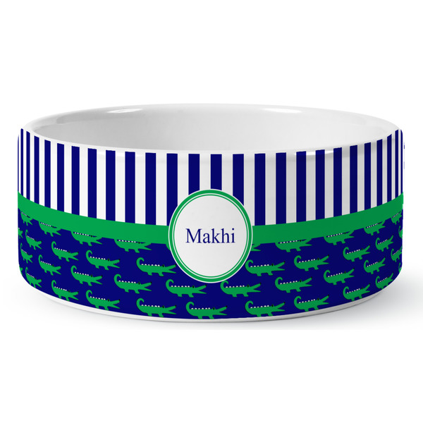 Custom Alligators & Stripes Ceramic Dog Bowl - Large (Personalized)