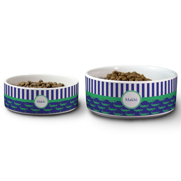 Alligators & Stripes Ceramic Dog Bowls - Size Comparison