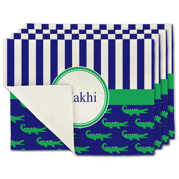 Custom Alligators & Stripes Single-Sided Linen Placemat - Set of 4 w/ Name or Text