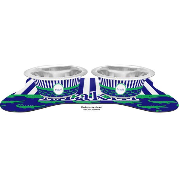 Alligators & Stripes Metal Pet Bowls - On Dog Bone Shaped Mat
