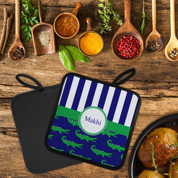 Alligators & Stripes Neoprene Pot Holder - Set of 2  LIFESTYLE (Flatlay)