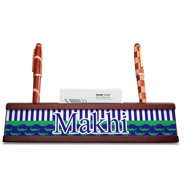 Alligators & Stripes Red Mahogany Nameplates with Business Card Holder - Straight