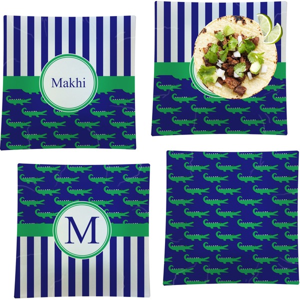 Custom Alligators & Stripes Set of 4 Glass Square Lunch / Dinner Plate 9.5" (Personalized)