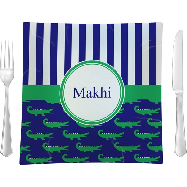 Custom Alligators & Stripes 9.5" Glass Square Lunch / Dinner Plate- Single or Set of 4 (Personalized)