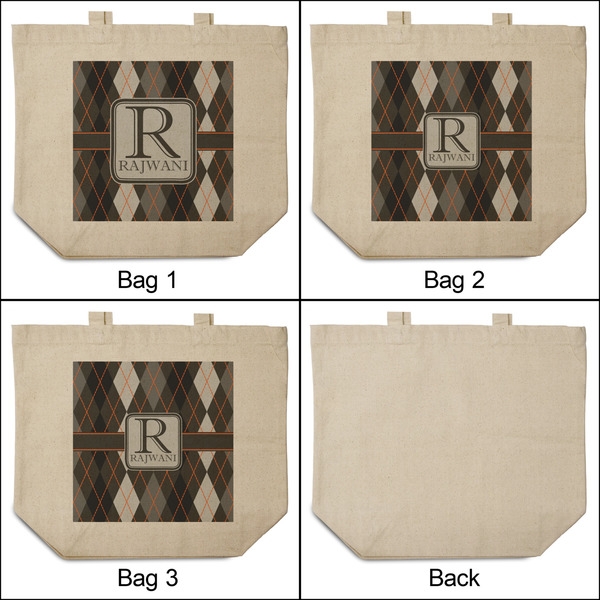 Modern Chic Argyle 3 Reusable Cotton Grocery Bags - Front & Back View