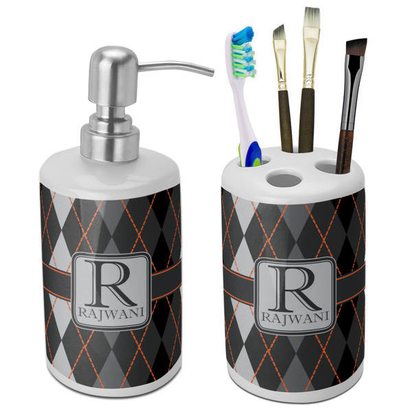 Custom Modern Chic Argyle Ceramic Bathroom Accessories Set (Personalized)
