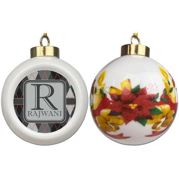 Modern Chic Argyle Ceramic Christmas Ornament - Poinsettias (APPROVAL)