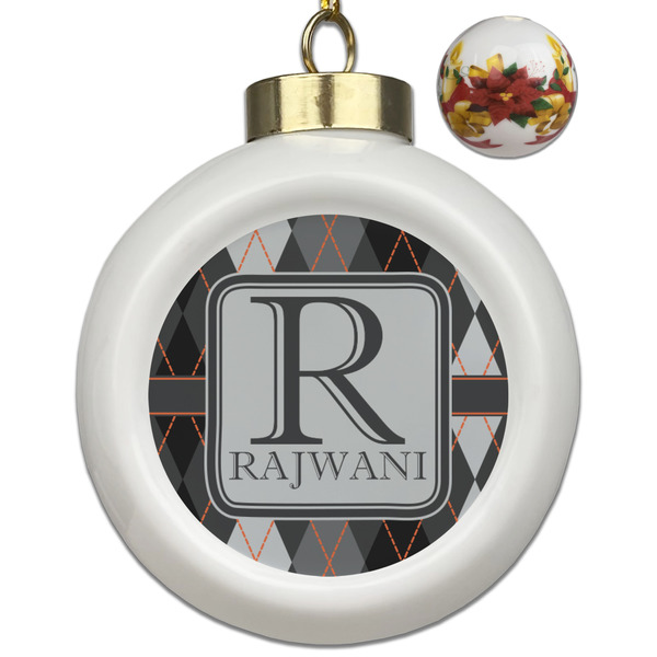 Custom Modern Chic Argyle Ceramic Ball Ornaments - Poinsettia Garland (Personalized)