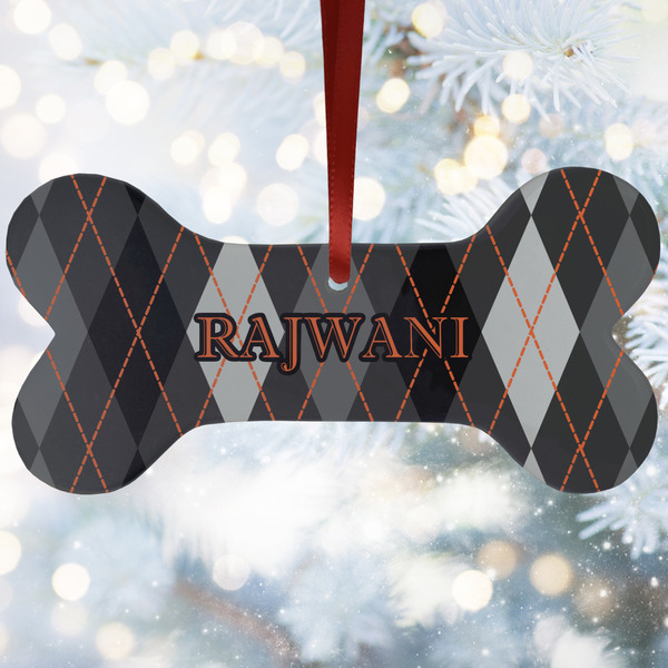 Custom Modern Chic Argyle Ceramic Dog Ornament w/ Name and Initial