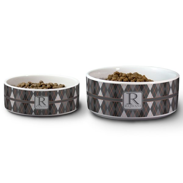Modern Chic Argyle Ceramic Dog Bowls - Size Comparison