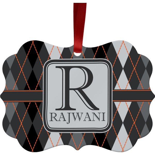 Custom Modern Chic Argyle Metal Frame Ornament - Double Sided w/ Name and Initial