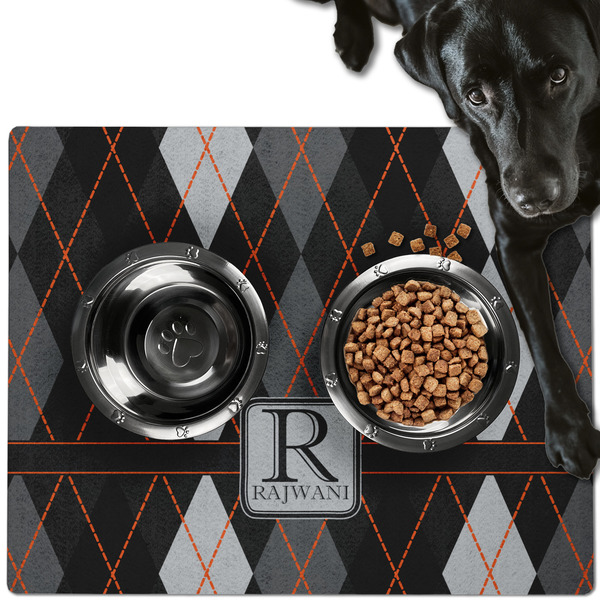 Custom Modern Chic Argyle Dog Food Mat - Large w/ Name and Initial