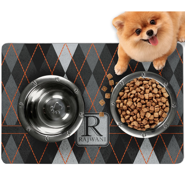 Custom Modern Chic Argyle Dog Food Mat - Small w/ Name and Initial