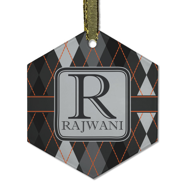 Custom Modern Chic Argyle Flat Glass Ornament - Hexagon w/ Name and Initial