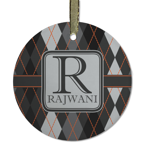 Custom Modern Chic Argyle Flat Glass Ornament - Round w/ Name and Initial