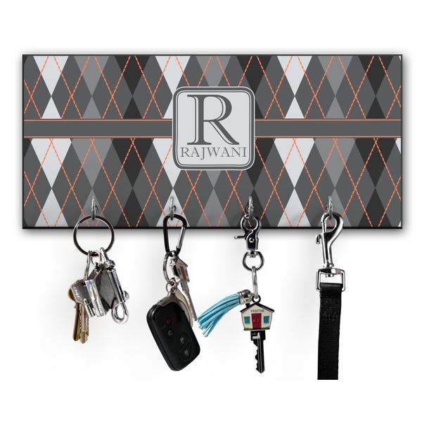 Custom Modern Chic Argyle Key Hanger w/ 4 Hooks w/ Name and Initial