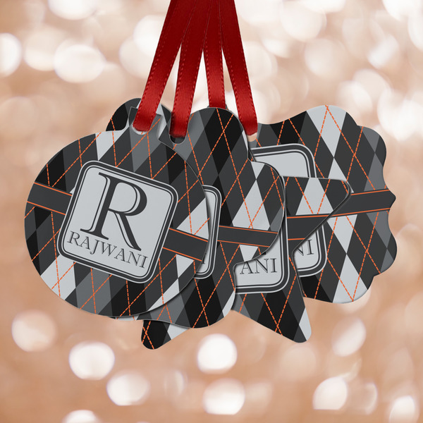 Custom Modern Chic Argyle Metal Ornaments - Double Sided w/ Name and Initial