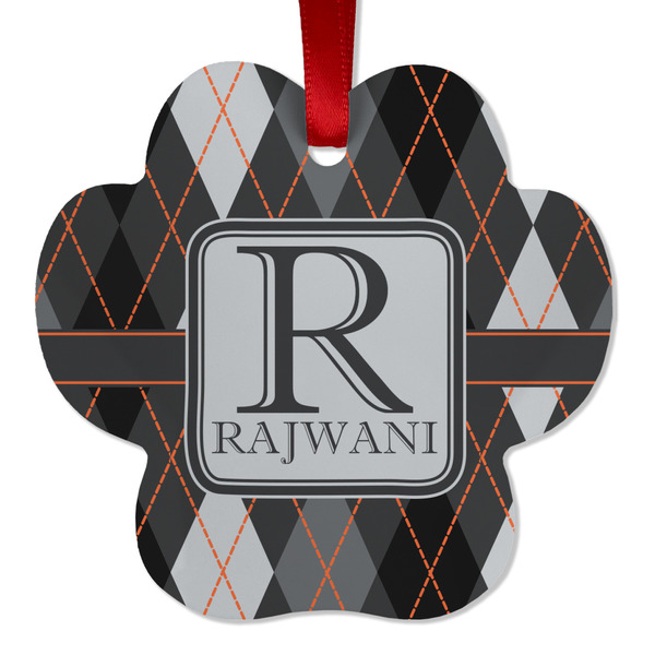 Custom Modern Chic Argyle Metal Paw Ornament - Double Sided w/ Name and Initial