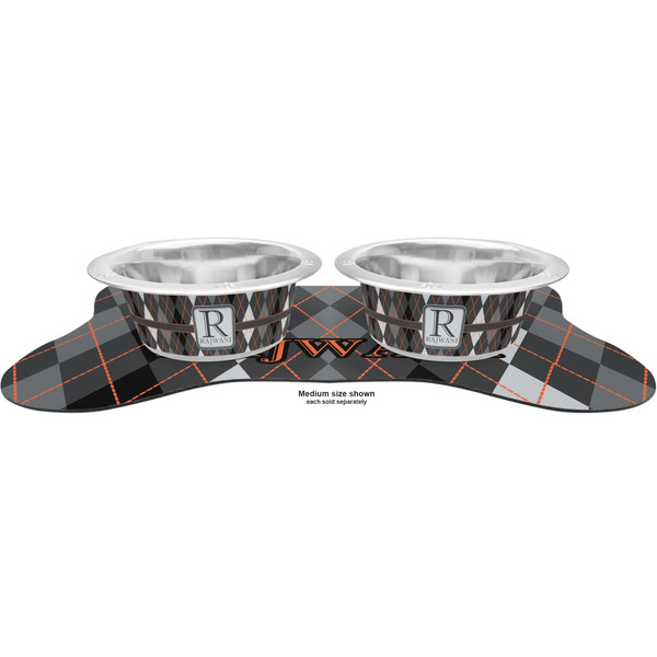Modern Chic Argyle Metal Pet Bowls - On Dog Bone Shaped Mat