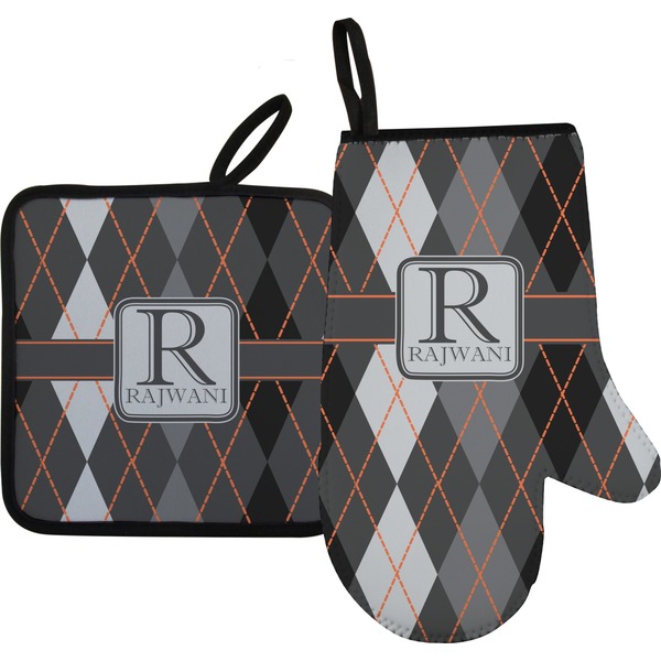 Custom Modern Chic Argyle Oven Mitt & Pot Holder Set w/ Name and Initial