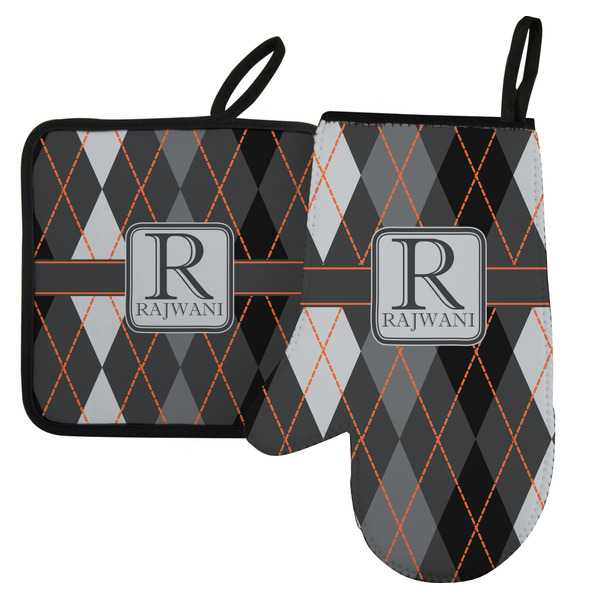 Custom Modern Chic Argyle Left Oven Mitt & Pot Holder Set w/ Name and Initial