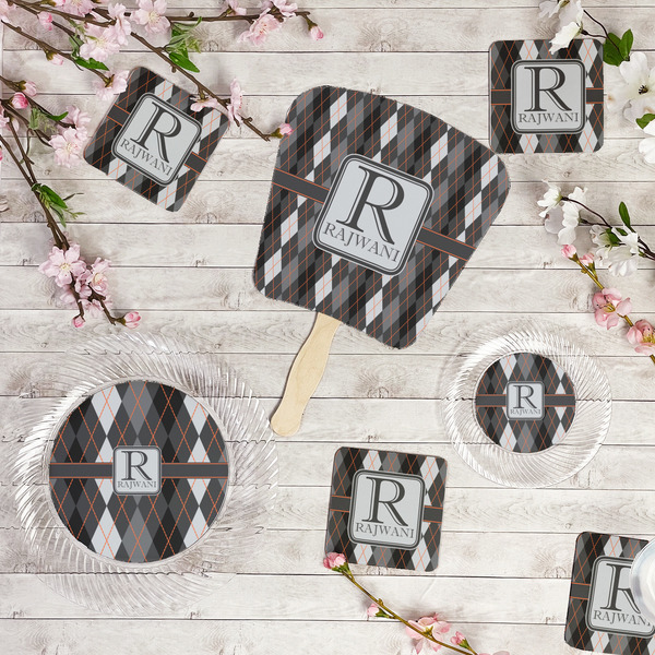 Modern Chic Argyle Party Supplies Combination Image - All items - Plates, Coasters, Fans