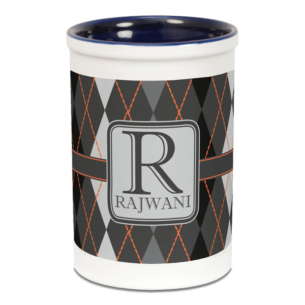 Custom Modern Chic Argyle Ceramic Pencil Holders - Blue