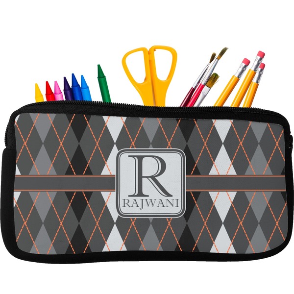 Custom Modern Chic Argyle Neoprene Pencil Case - Small w/ Name and Initial