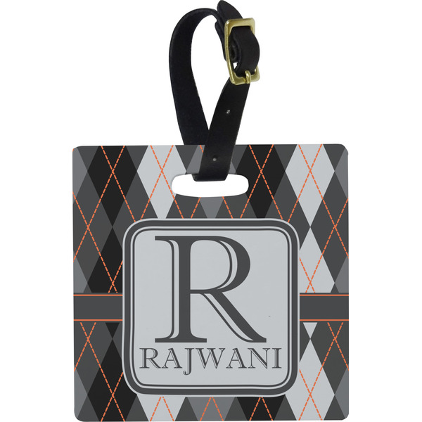 Custom Modern Chic Argyle Plastic Luggage Tag - Square w/ Name and Initial