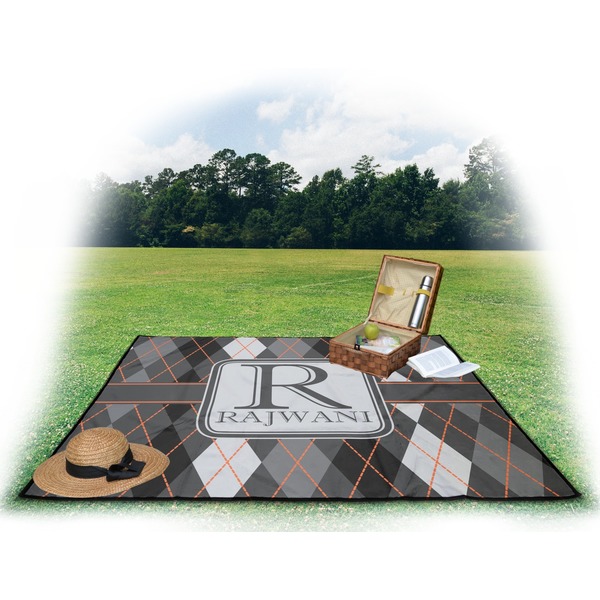 Modern Chic Argyle Picnic Blanket - with Basket Hat and Book - in Use